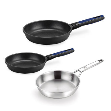 Set of 2 Advanced non-stick frying pans and Signature non-stick stainless steel frying pan