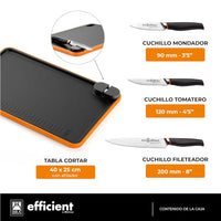 Set de 3 cuchillos Efficient con tabla para cortar