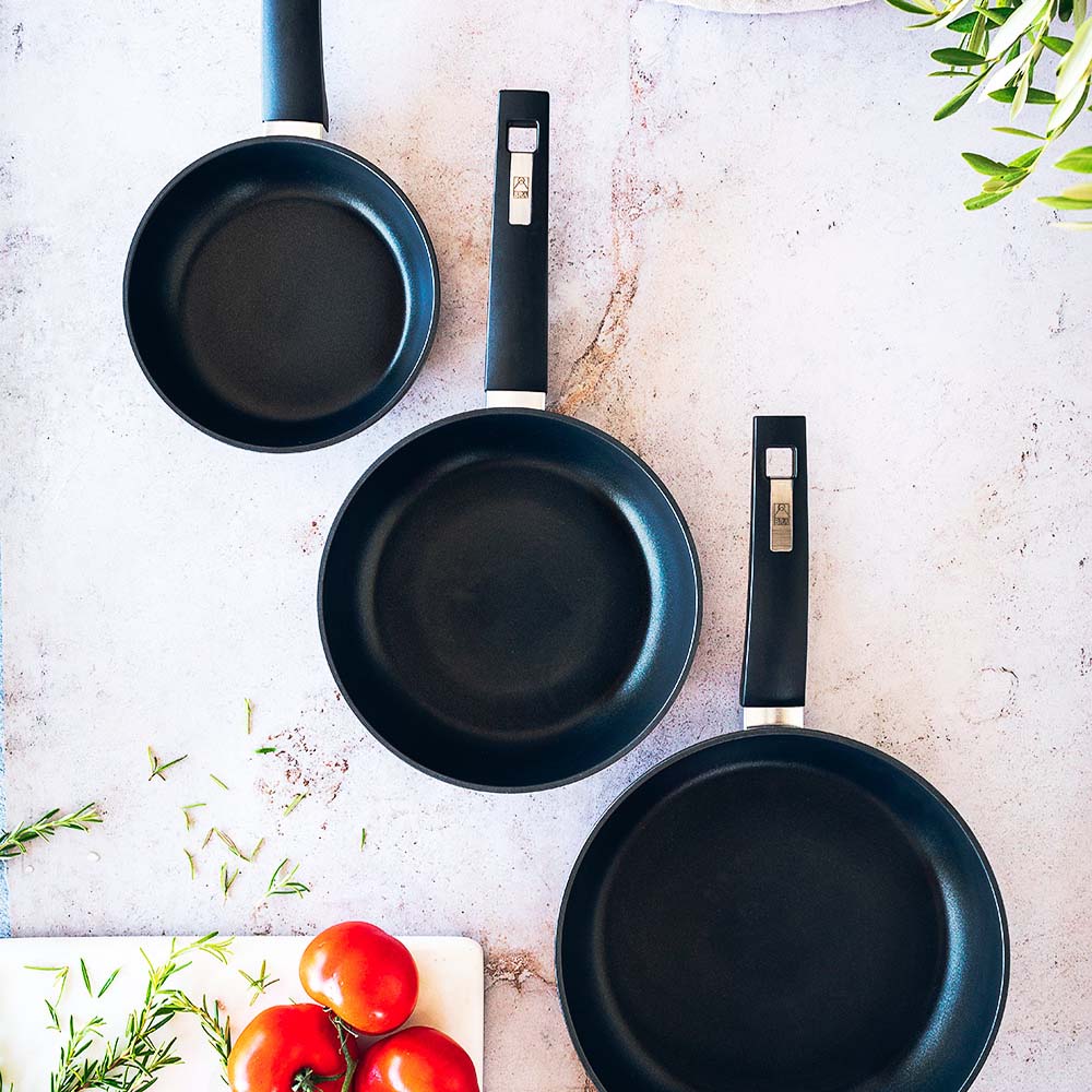 BRA Daily Pro Set of 3 Cast Aluminium Frying Pans 20-24-28 cm Non-Stick  Three-Layer PFOA-Free Suitable for All Hobs and Induction, Black and Yellow